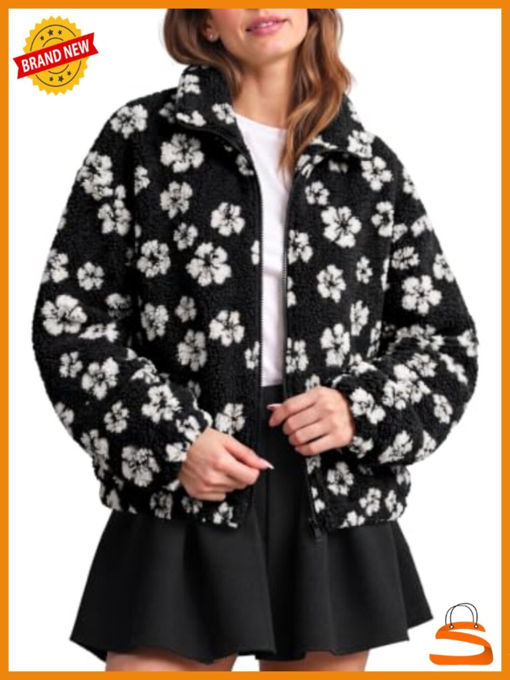 Sherpa Fleece Floral Zip Up Jacket Relaxed Fit Women's Winter Coat